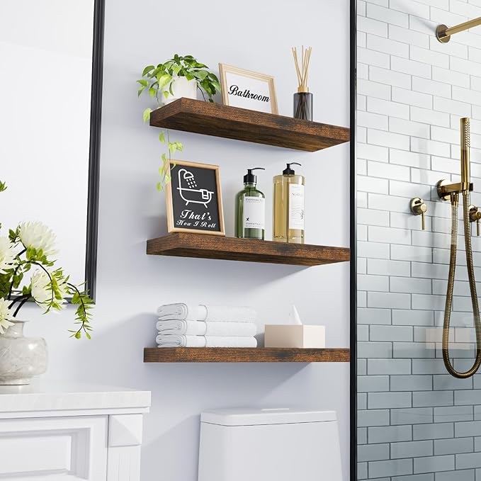 BAYKA Bathroom Floating Shelves for Wall – Bathroom Shelf Over Toilet Farmhouse Rustic Wood for Bedroom, Kitchen, or Living Room Decor – Rustic Brown, Set of 3, Sturdy Storage with 22lb Capacity