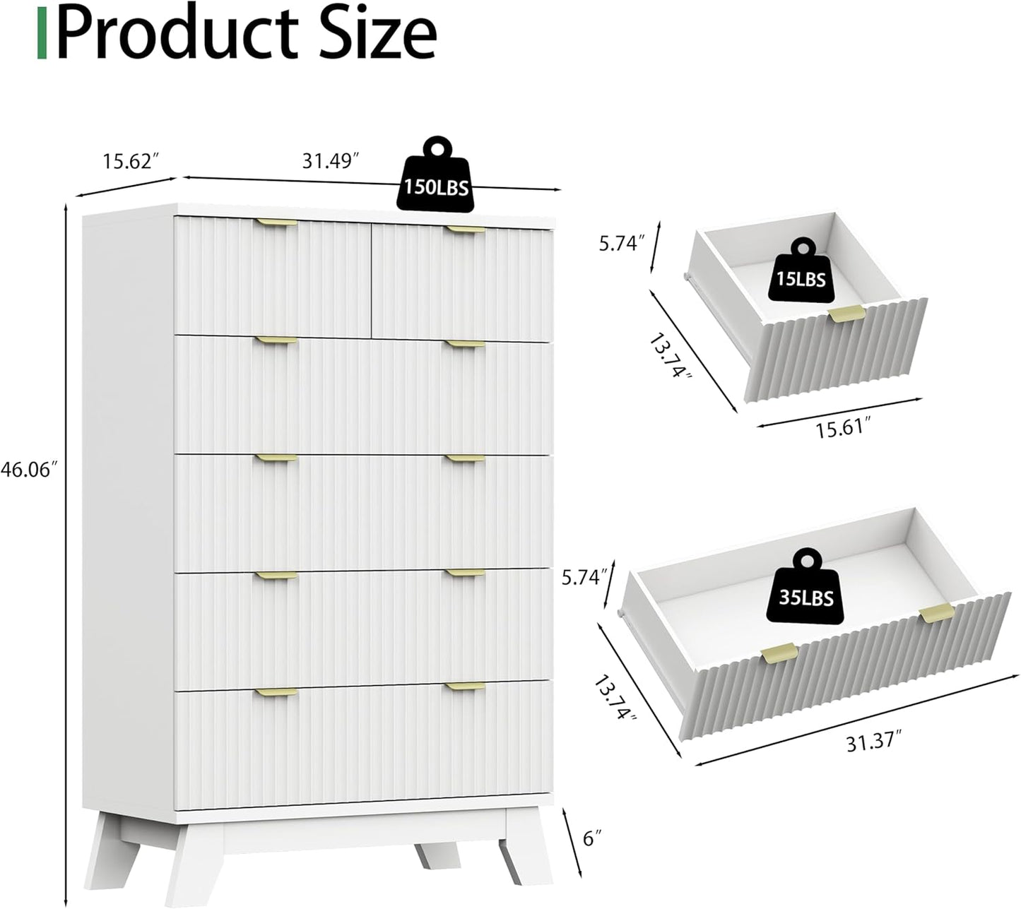 Fluted Dresser for Bedroom with 6 Drawers, 46" Tall Modern Chest of Drawers with Metal Handle, Wooden Dresser TV Stand, Wood Closet Clothes Storage Organizer for Living Room, Hallway, White