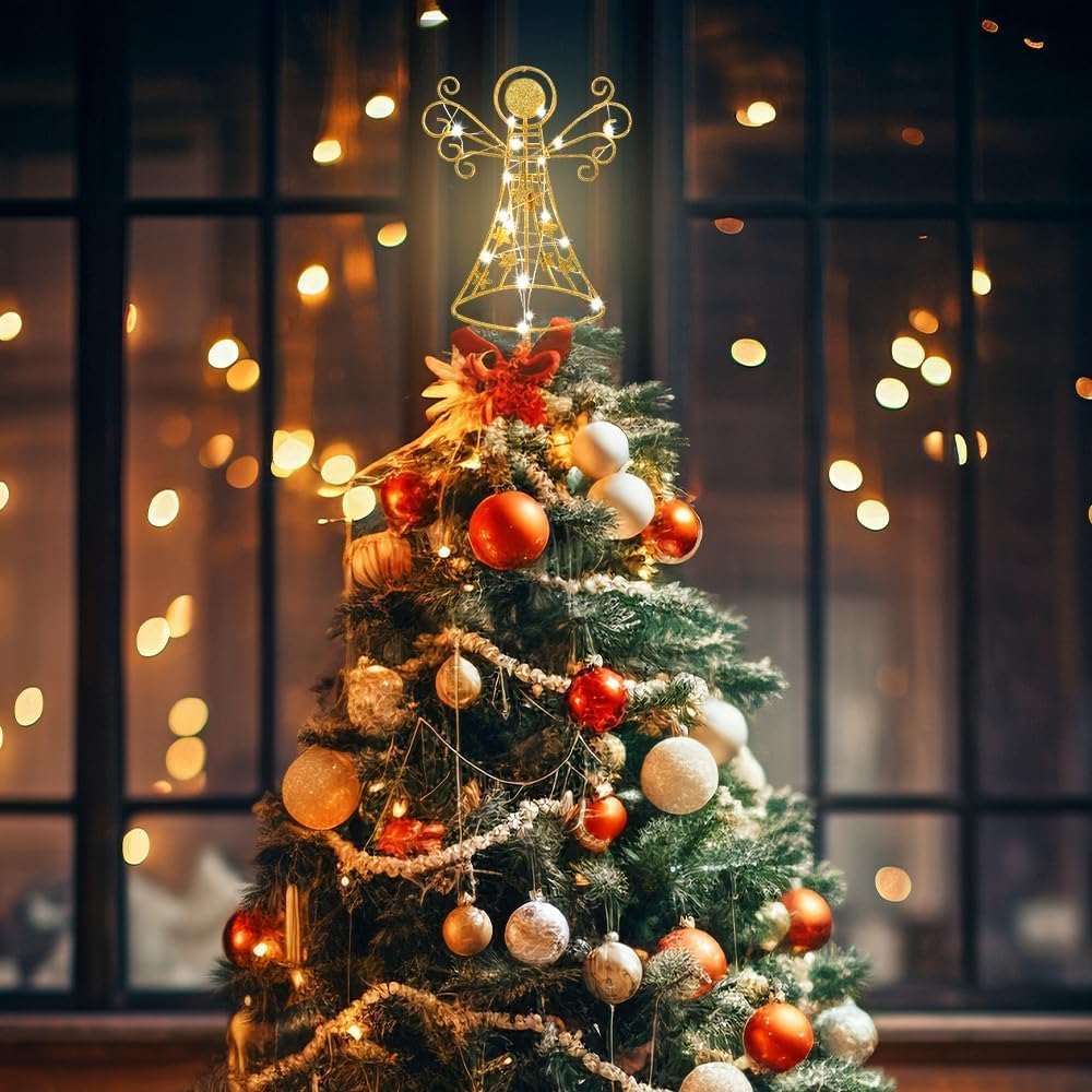 hogardeck Christmas Tree Topper, Glittered Gold Angel Tree Topper for Christmas Treetop, 30 LED Timer Sparkling Tree Toppers for Christmas Tree Decorations