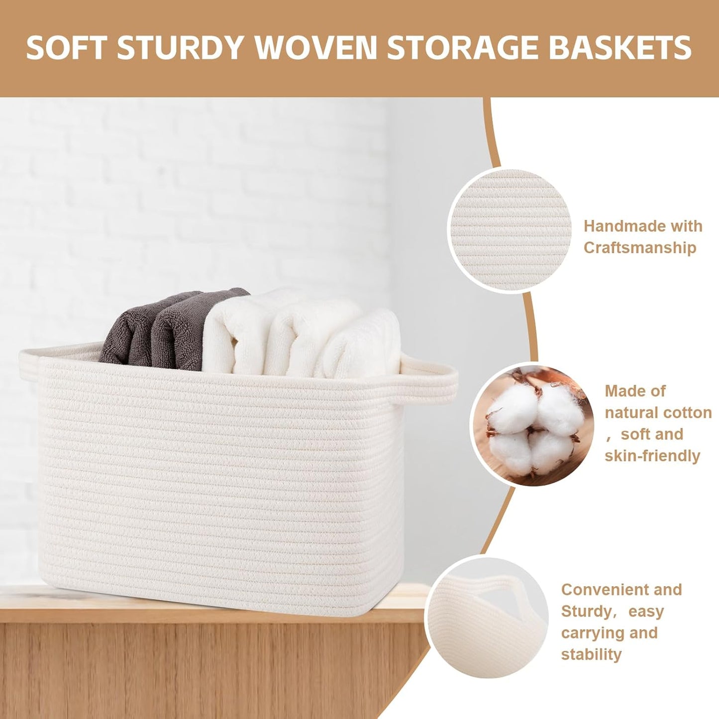 Storage Basket for Organizing, Woven Baskets for Storage, Rectangle Decorative Baskets for Shleves, Closet, Toys, Books, Nursery Organizer Bins - Pack of 3 (White)