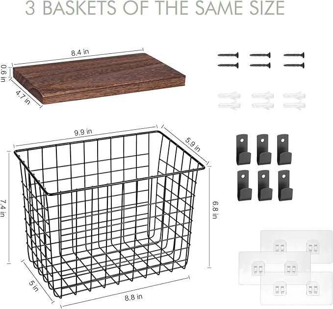 Wall Hanging Baskets 3 Pack, Large Diversified Wire Basket Shelves of Wooden Style, with Wall Mounted Metal Hooks & Traceless Stickers, for Kitchen Coffee Bar Office Room Garage Storage Organization