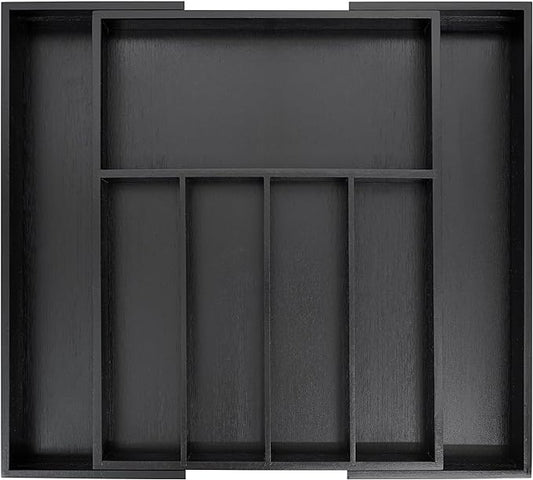 VaeFae Premium Bamboo Drawer Organizer, Expandable Silverware Drawer Organizer, Cutlery Tray with Dividers for Kitchen Utensils (Black, Large)