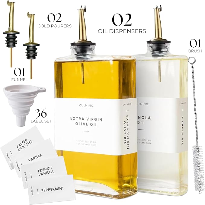 Premium Glass Olive Oil Dispenser Bottle 350ml | Cooking Oil and Vinegar Dispenser Set of 2 | Oil Dispenser for Kitchen with 2 Gold Pourers, Funnel, Brush & 36 Labels