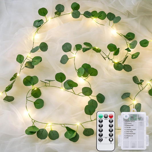 JMEXSUSS 33 FT 100 LED Eucalyptus Vine Fairy Lights, Vines with Lights Battery Operated with Remote, Eucalyptus Leaf Light Garland Indoor Outdoor for Bedroom Wall Classroom Party Decor(Warm White)