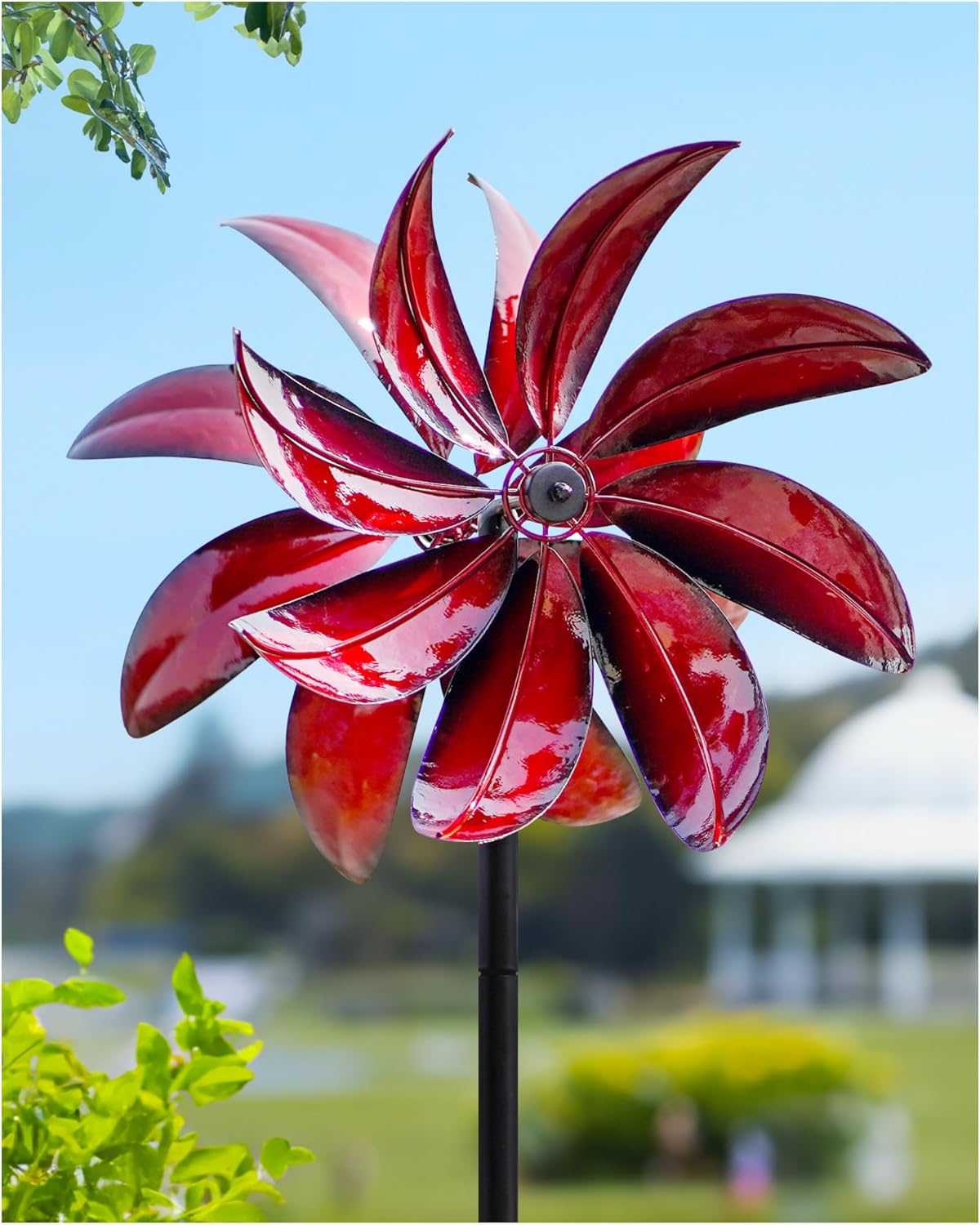 Wind Spinners Outdoor - Red Metal Windmill with Stake for Yard and Garden, Kinetic Wind Sculptures & Spinners, Gift Decor Ideas for Garden Lovers (12" W x 70" H)