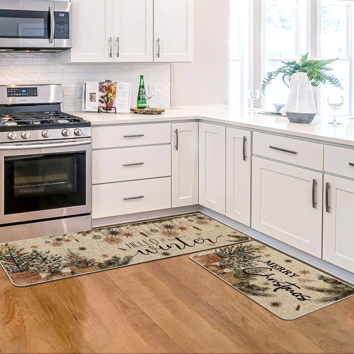 Artoid Mode Holly Ornament Merry Christmas Kitchen Mats Set of 2, Winter Home Decor Low-Profile Kitchen Rugs for Floor - 17x29 and 17x47 Inch