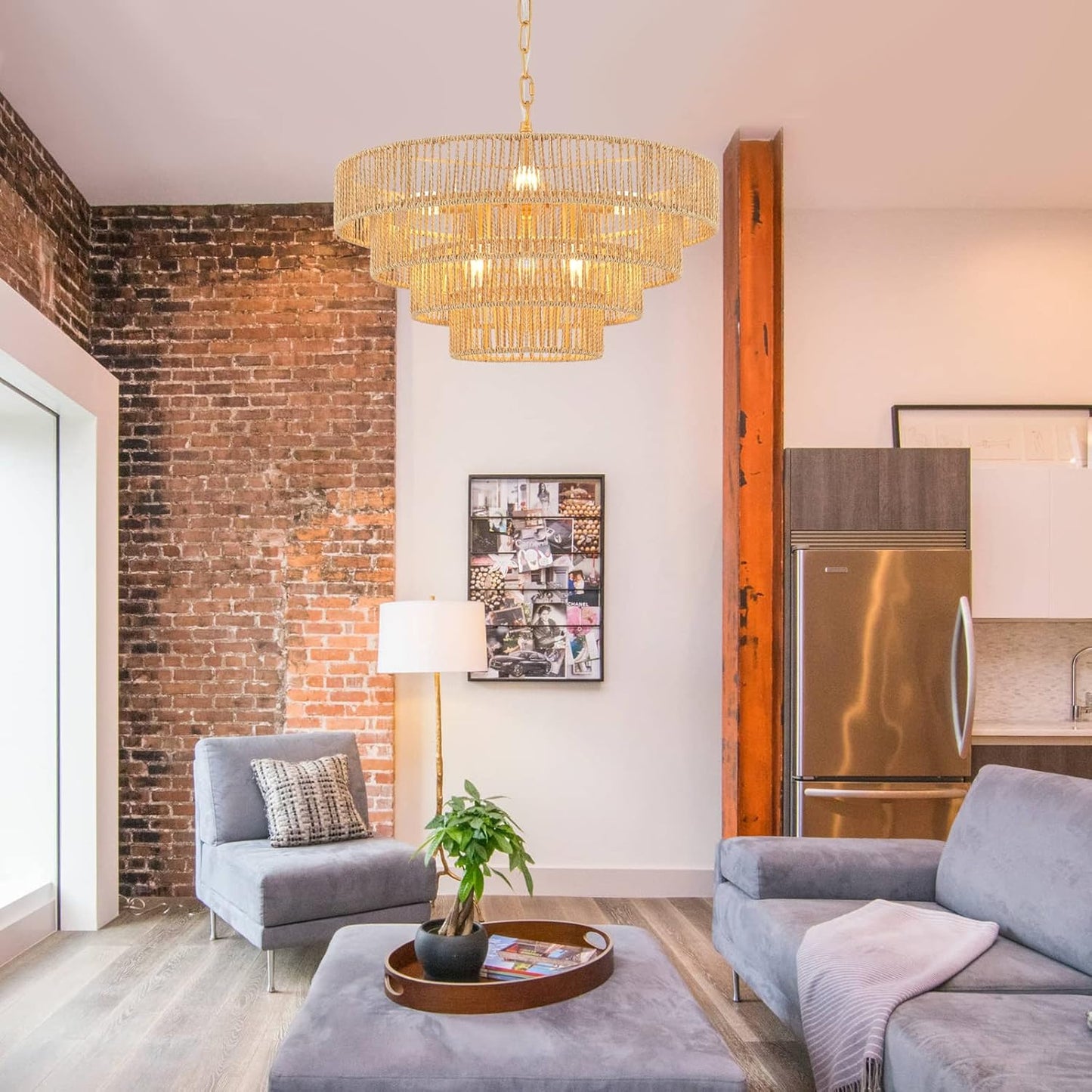 6-Lights Hand-Woven Rattan Pendant Light 4 Round Transitional Minimalist Boho Large Pendant Light for Kitchen Island Dining Room Living Room Hallway, Dia 20 Inch, UL Listed