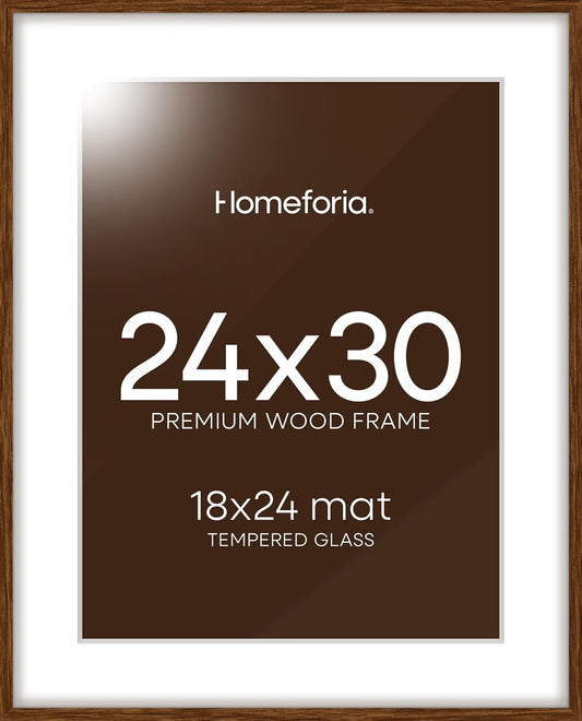Homeforia 24x30 Walnut Frame, High End Oak 24 x 30 Wooden Poster Frame with Mat 18 x 24, 30x24 Large Picture Frames for Wall, 24x30 Brown Wood Frame Matted to 18x24, Tempered Glass, Wall Kit, Set of 1