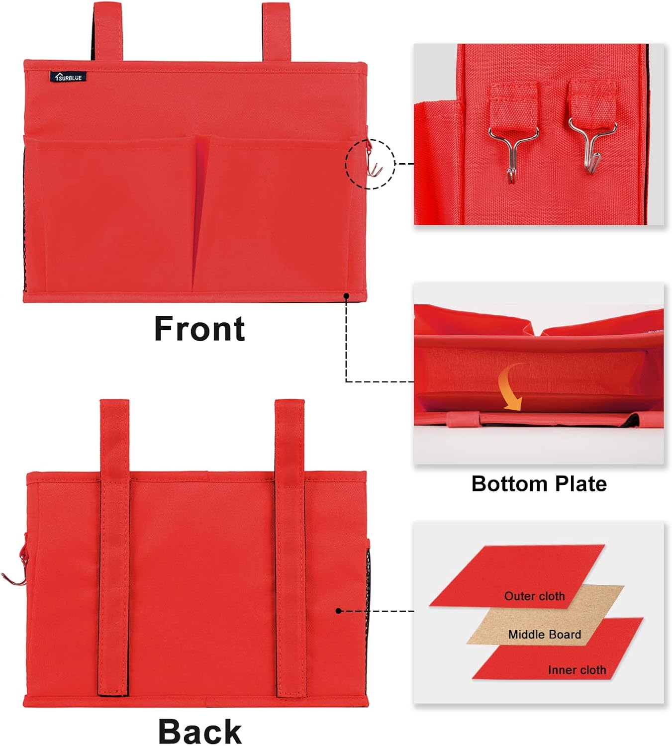Surblue Caddy Hanging Organizer Bedside Storage Bag for Bunk and Hospital Beds, Red, Small