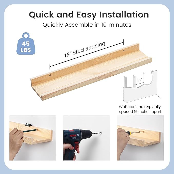 Picture Ledge Shelf for Wall, 24 inches Solid Pine Wood Nursery Book Shelves 3 Packs, Floating Ledge Shelves for Kids' Room Bedroom Bathroom Living Room Photo Frames Office Nursey Wall Decor, Natural