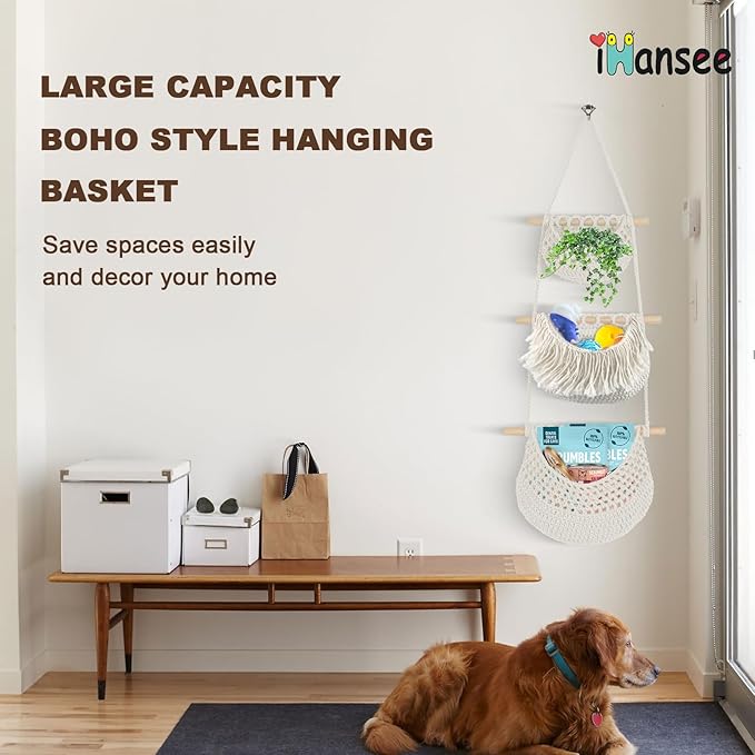 Hanging Baskets for Organizing, 3 Tier Detachable Wall Hanging Fruit Basket Over the Door Organizer for Fruit Vegetable Plant, Beige Boho Cotton Crocheted Fruit Holder for Kitchen Bathroom Bedroom