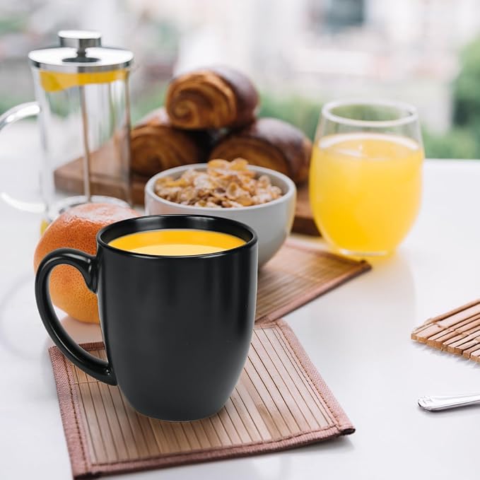 16 OZ Black Stoneware Mugs Set of 6, Large Ceramic Coffee Cups with Handle, Porcelain Mugs for Latte, Milk, Tea and Juice