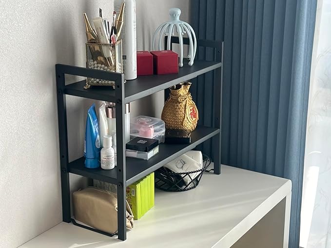 2 Tier Expandable Cabinet Shelf Organizer 14.5-25" L Kitchen Counter Shelf Rack Stand Sink Riser Countertop Storage Black (Normal 7.9”D)