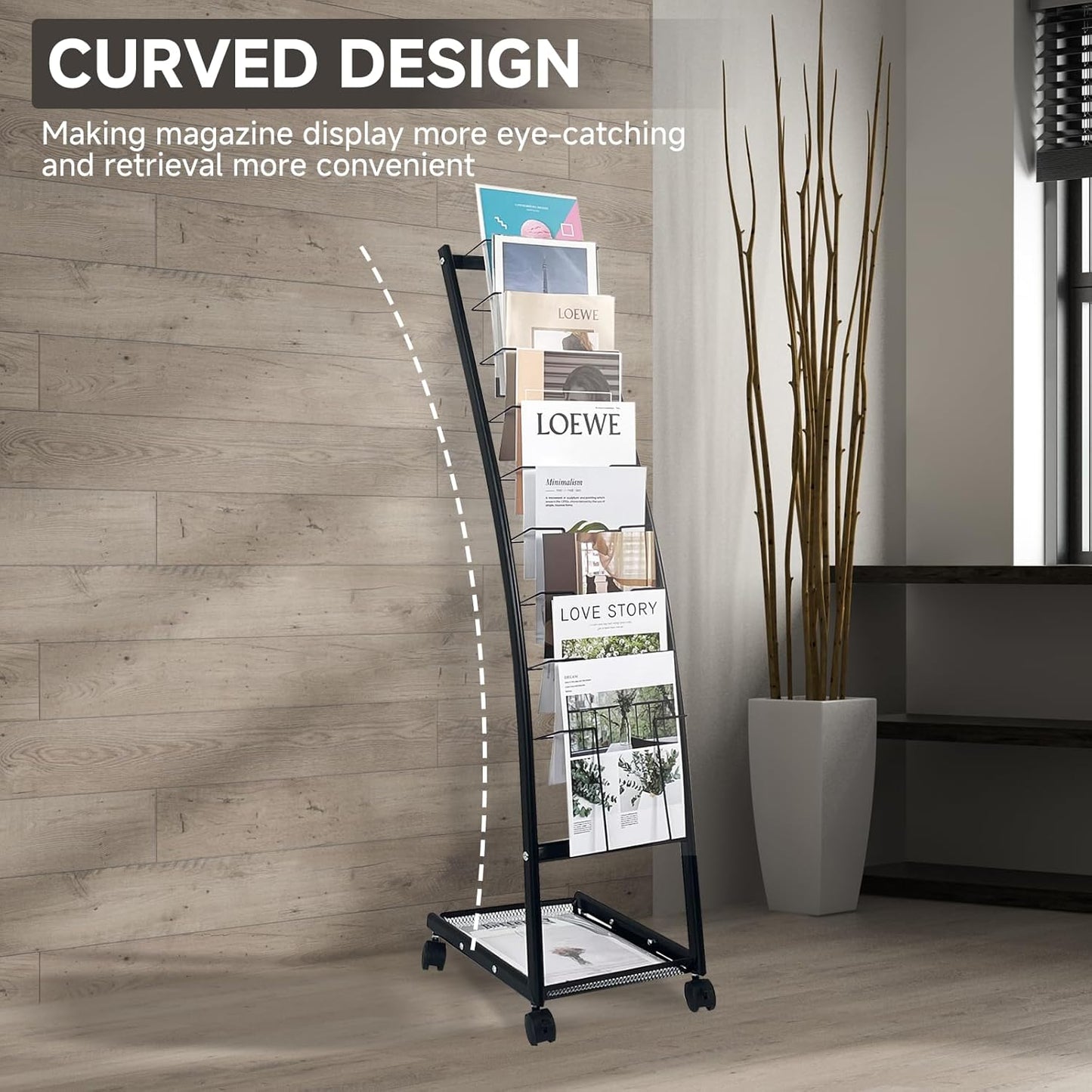 tongmo Magazine Rack: Floor-Standing with Wheels, 9-Tier Brochure Display Stand for Exhibitions, Office, and Any Organization Requiring Information Display