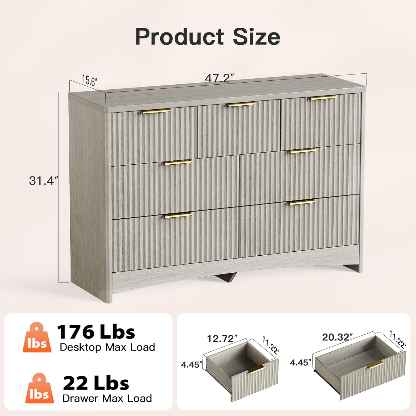 Pipishell Fluted 7 Drawers Dresser for Bedroom, 47" Wooden Drawers with Metal Handle, Dressers with Round Corner Design, Closet Storage Organizer for Bedroom, Hallway, Grey