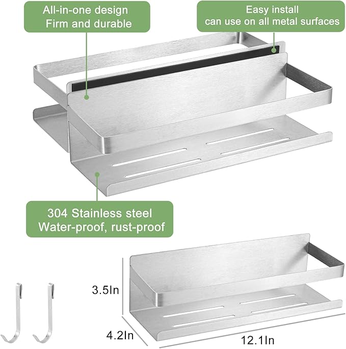 Magnetic Spice Rack for Refrigerator Spice Organizer, Strong Magnetic Shelf with 2 Removable Hooks Space Saver for Refrigerator and Microwave Oven, Metal Fridge Shelf(1 pack Silver)
