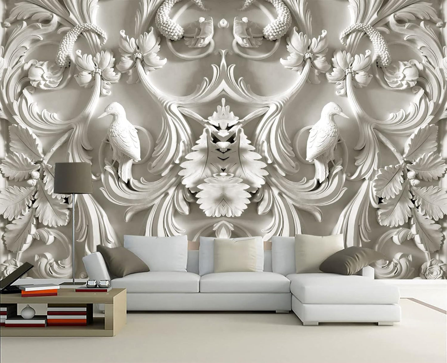 White Gypsum Art Wall Mural Wallpaper for Bedroom 178" x 117"