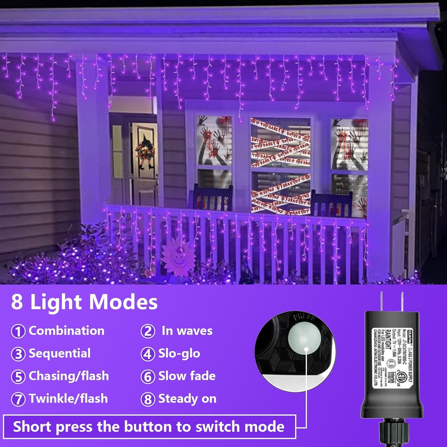 QITONG Purple Halloween Lights Outdoor, 33ft 400 LED Icicle Light for Outside Indoor Plug in, 8 Modes Clear Wire Connectable Christmas Lights with 80 Drops