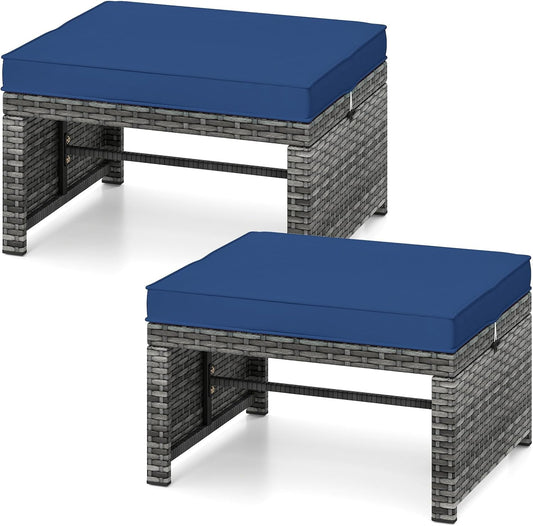 Tangkula 2 Pieces Patio PE Rattan Ottomans, Multipurpose Outdoor Footstool Footrest Additional Seating Side Table with Soft Zippered Cushions for Deck, Garden, and Yard (Navy Blue)