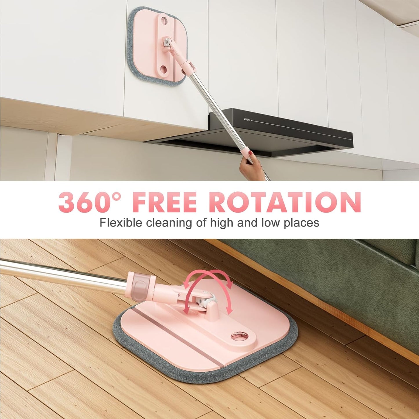 Upgraded Spin Mop and Bucket Set Self-Standing Mop Bucket Separate Dirty and Clean Water System Self Wringing 360° Rotating 90° Foldabl Mops and Buckets for Floor Cleaning (Pink, 6Pads)