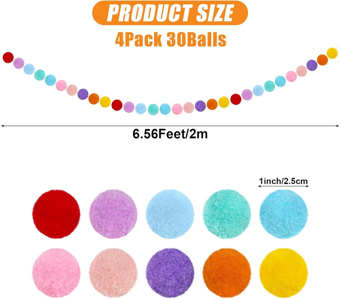 4 Pack Colorful Pom Pom Garland, 26.5 Feet Long Felt Ball Rainbow Banner, 30 Balls 10Color Felt Ball Garland for Christmas Tree Decoration Party Hanging Decor