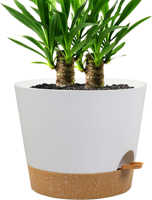 Self Watering Pots for Indoor Plants,12 inch Planters with Drainage Holes Plastic Flower Pots with Deep Reservoir, White with Brown