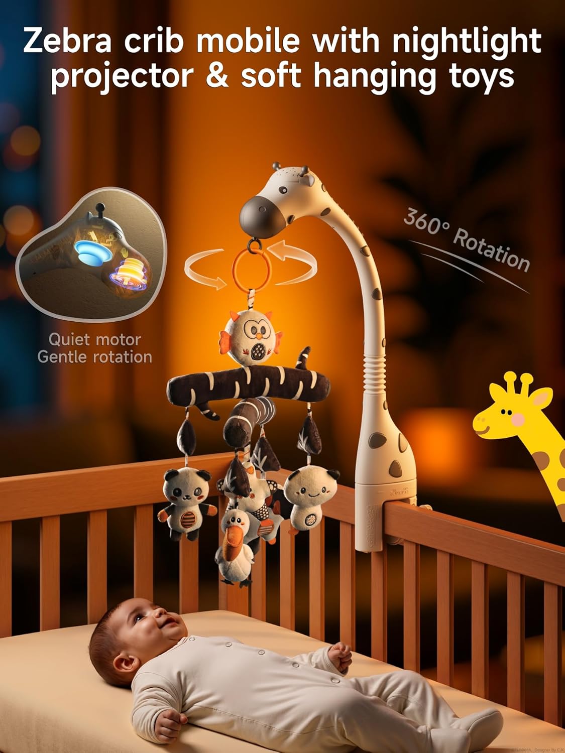 TUMAMA Baby Crib Mobile, Nursery Musical Mobile with Remote Control,Projection Night Light, Music and White Noise, Mute Spin Motor Nursery Sensory Toys for Infant 0 3 6 9 Month Newborn Xmas Gift