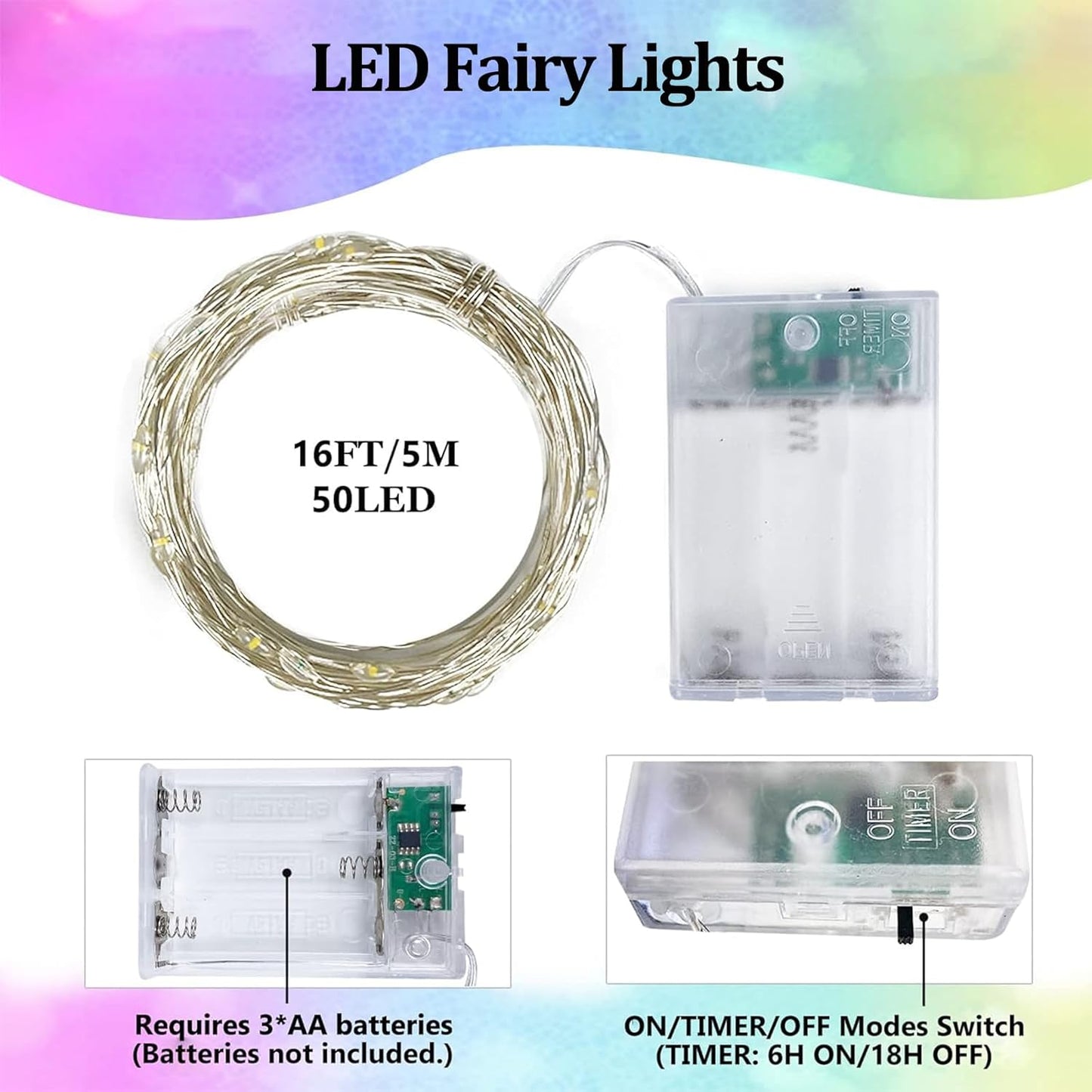 4-Pack 50 LED Fairy Lights Battery Operated with Timer, 16FT Waterproof Starry String Lights Outdoor Indoor Mini Cuttable Lights for Bedroom Wedding Birthday Christmas Parties (Warm White&Multi Color)