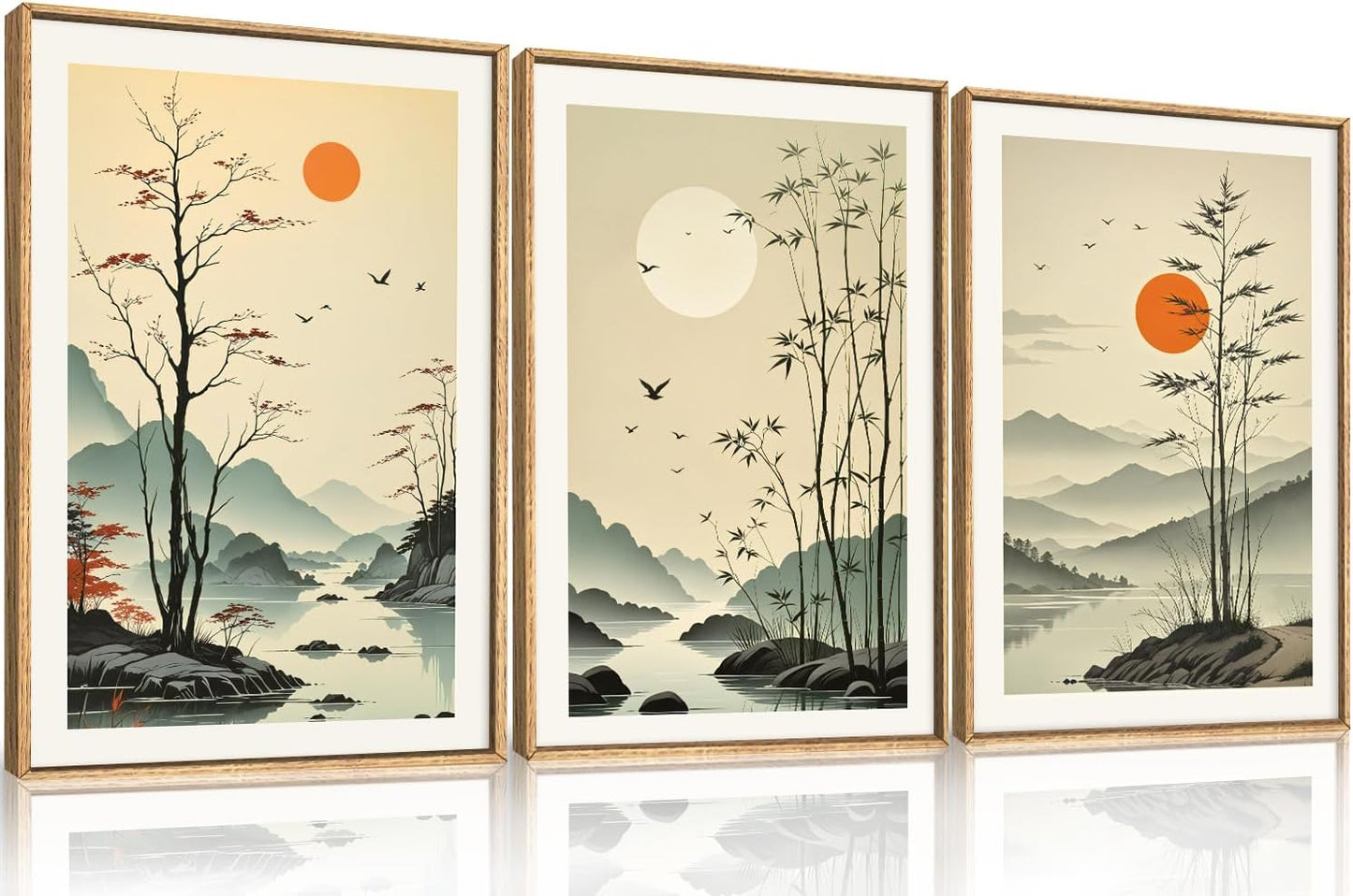 Chinoiserie Bamboo Forest Framed Canvas Wall Art Set, Nature Tree Lakes Wall Decor, Minimalist Zen Landscape Wall Painting, Watercolor Art Prints for Living Room, Bedroom, Office 16"X24"X3