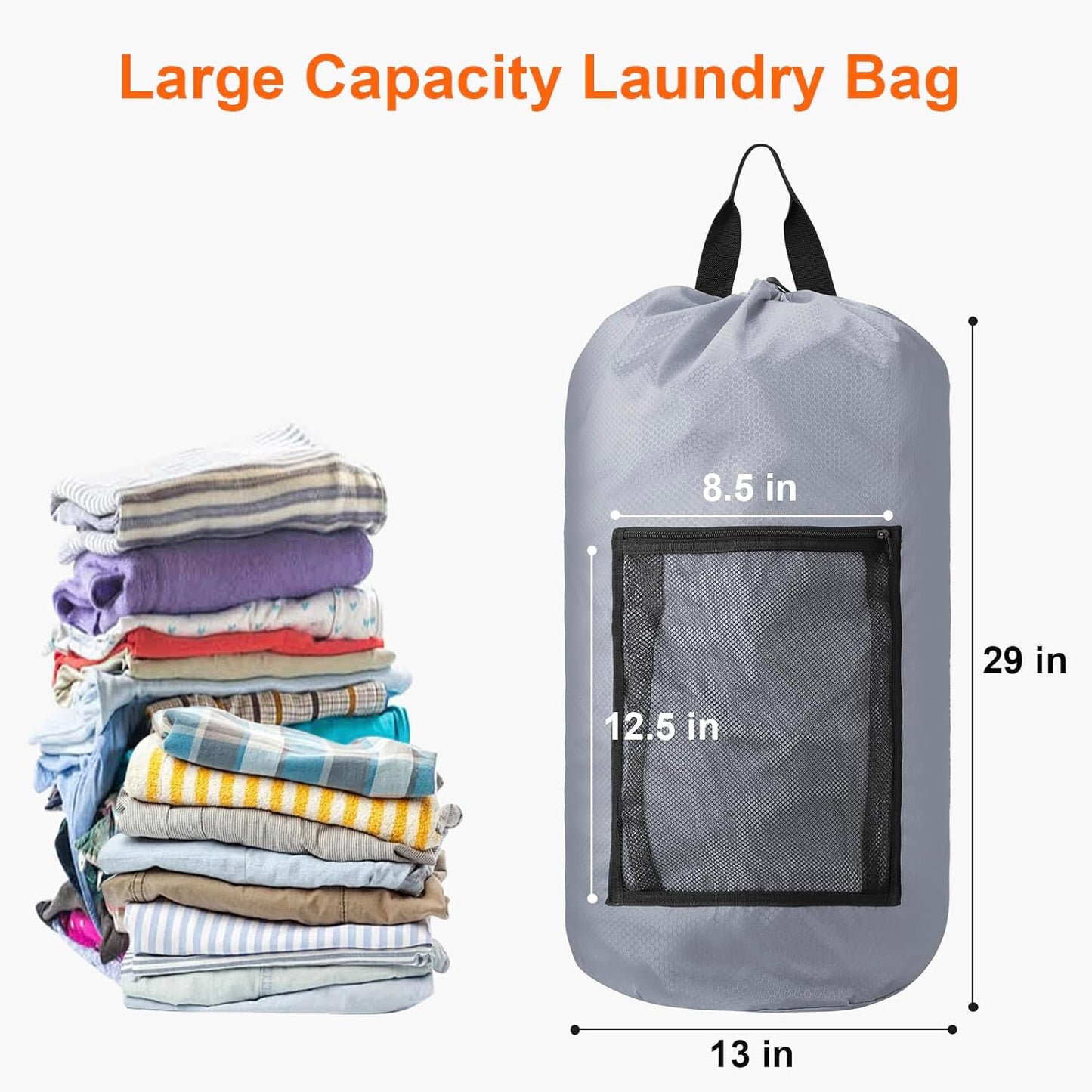Laundry Bag Backpack Durable Laundry Bag with Shoulder Straps and Mesh Pockets Portable Laundry Dirty Clothes Hamper Bag for College Dorm (Gray)