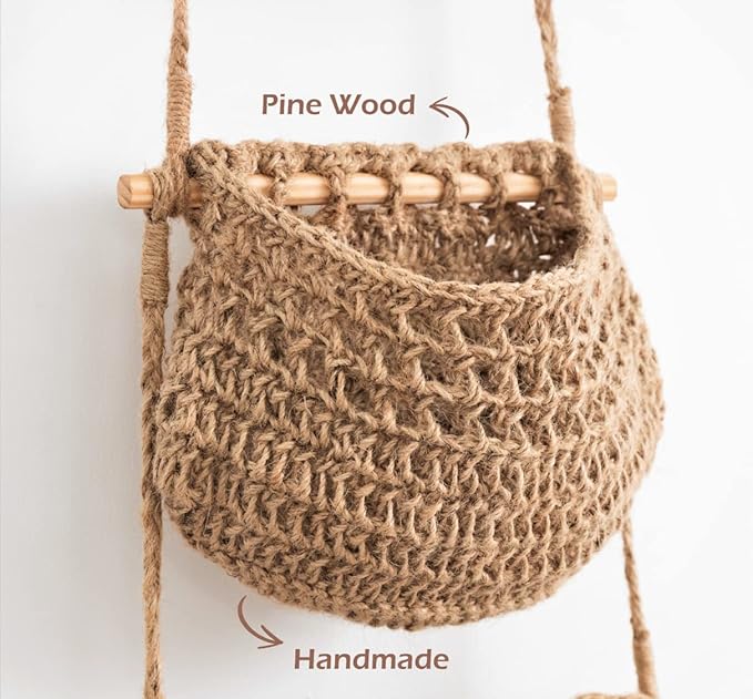 Hanging Fruit Basket, 3 Tier Woven Jute Wall Hanging Basket for Organizing, Hanging Produce Basket for Fruit & Vegetable Storage, Boho Kitchen Decor, Wall Basket Storage for Kitchen, Bedroom, Bathroom