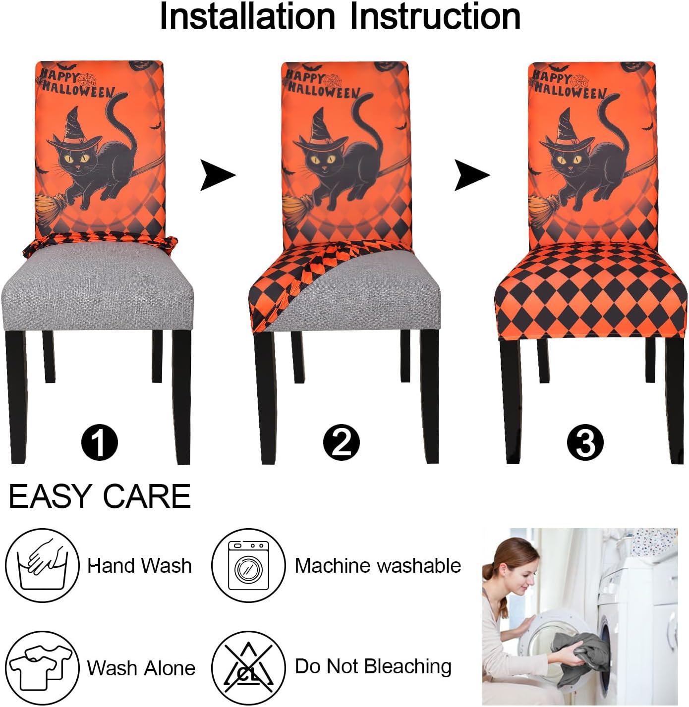 JQinHome Orange Halloween Chair Slipcover,Cat Chair Covers Set of 6, High Stretch Washable Chair Protector Cover for Dining Room, Kitchen,Home Party,Wedding Ceremony(Cat Orange,6PC)