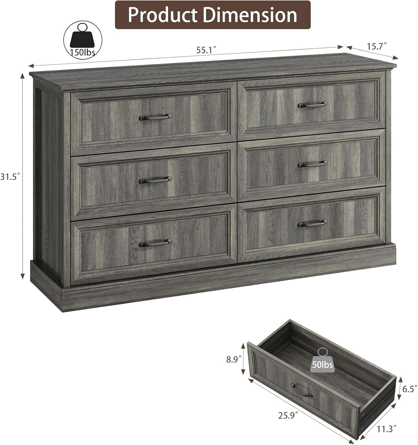 Farmhouse 6 Drawer Dresser for Bedroom, 55 Inch Wide Modern Grey Dresser TV Stand with Large Drawers & Bar Handles, Rustic Wood Chest of Drawers for Bedroom, Living Room, Hallway, Entryway.