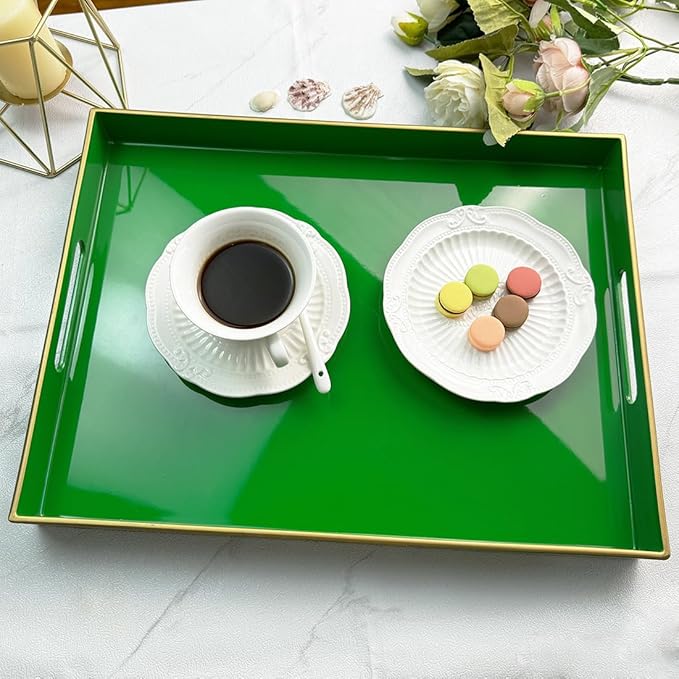 Large Decorative Tray, Emerald Green Serving Tray with Handles, Plastic Coffee Table Tray for Ottoman, Living Room, Bathroom, Decor. 15.7” x 11.8” x1.6”