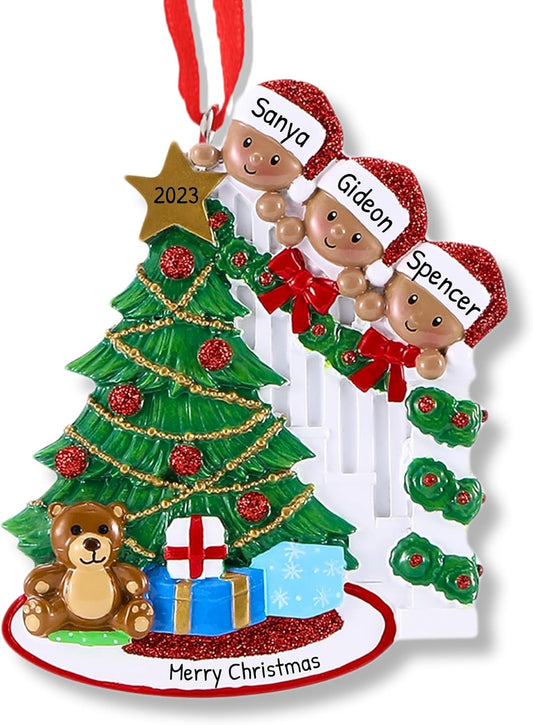 African American Peeking Family of 3 Ornament 2025 Personalized Family Christmas Ornaments 2025 Black Xmas Staircase Personalized Tree Ornaments for Grandchildren Siblings Grandkids of Three Ornament