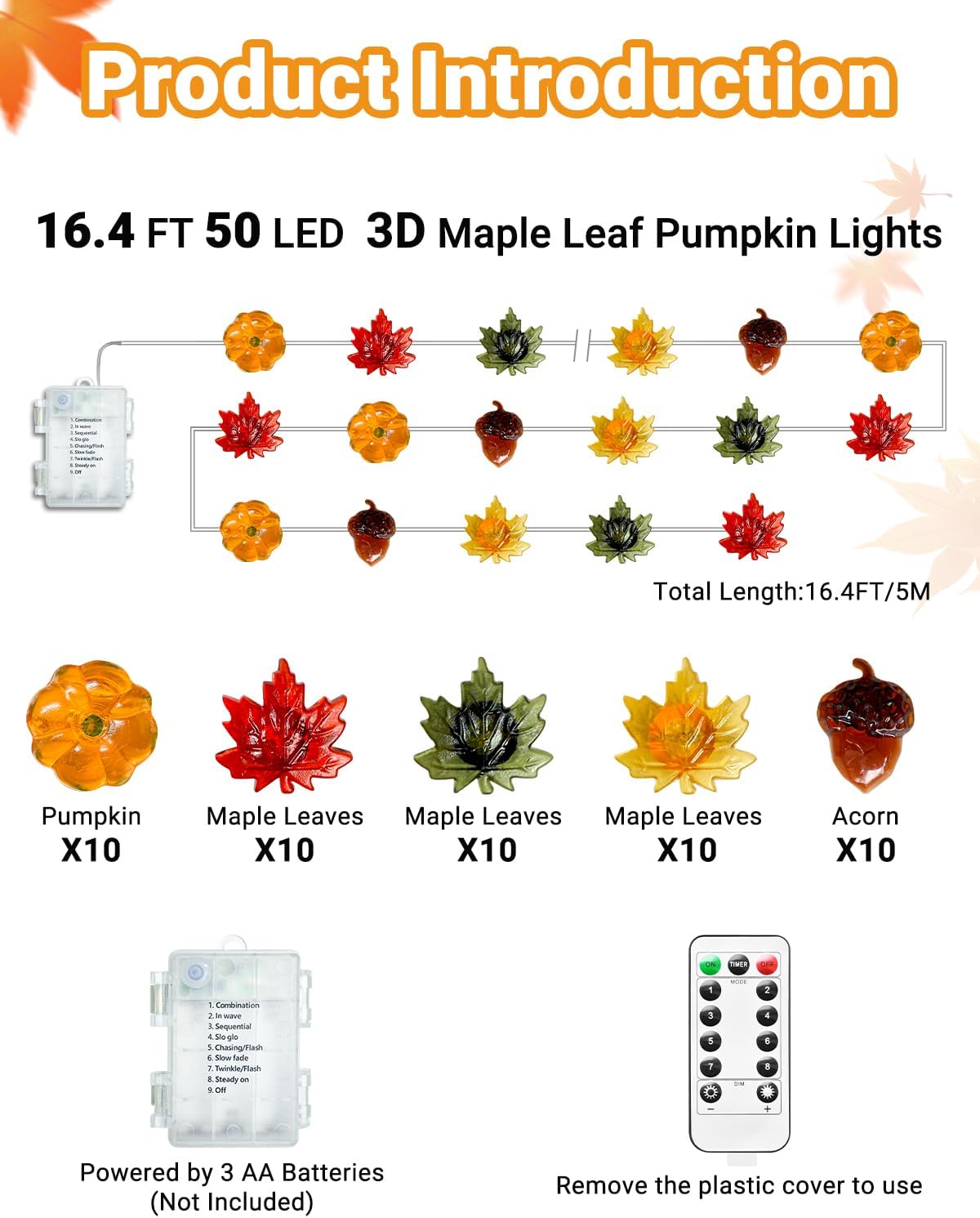 btfarm Fall Decor 16.4FT 50 LED 3D Pumpkin Maple Leaf Acorn Fairy String Lights Battery Operated with Remote Timer, Thanksgiving Decorations Waterproof for Home Autumn Harvest Halloween Party