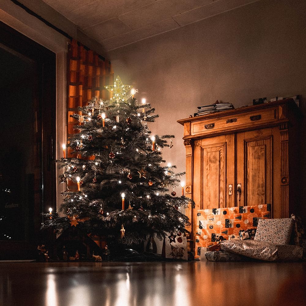 YEAHOME Christmas Tree Topper, Gold Glittered Hollow 5-Point Star Tree Topper for Christmas Tree Decorations, Lighted Wire Star with 20 LED Lights for Christmas Treetop, Xmas Tree Topper with Timer