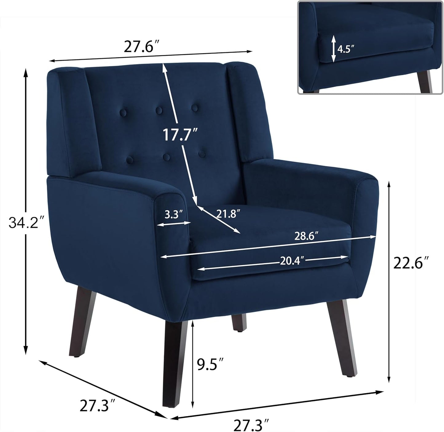 UIXE Velvet Accent Chairs Set of 2, Modern Arm Chair Mid-Century Living Room Armchair, Comfy Upholstered Button Tufted Reading Seat Bedroom Side Sitting, Royal Blue