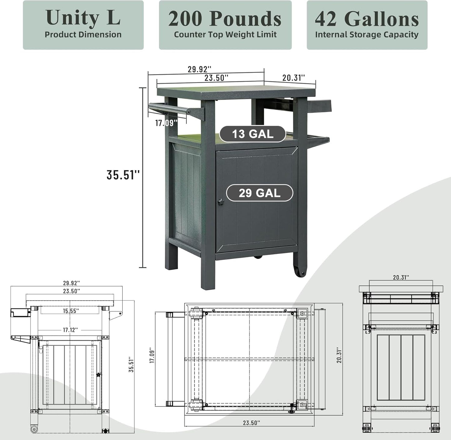 Domi Grill Carts Outdoor with Storage and Wheels, Whole Metal Portable Table and Storage Cabinet for BBQ,Deck,Patio,Backyard(Dark Grey)