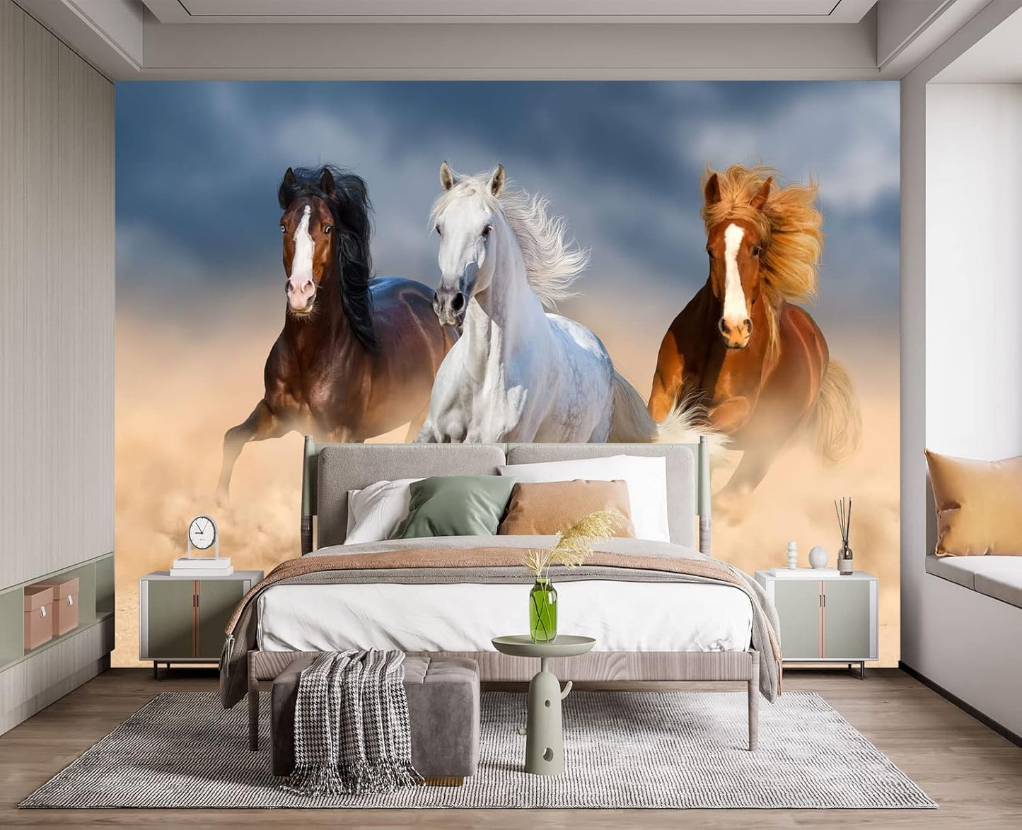 Three Running Horses Chinoiserie Wall Mural Wallpaper for Bedroom 178" x 117"