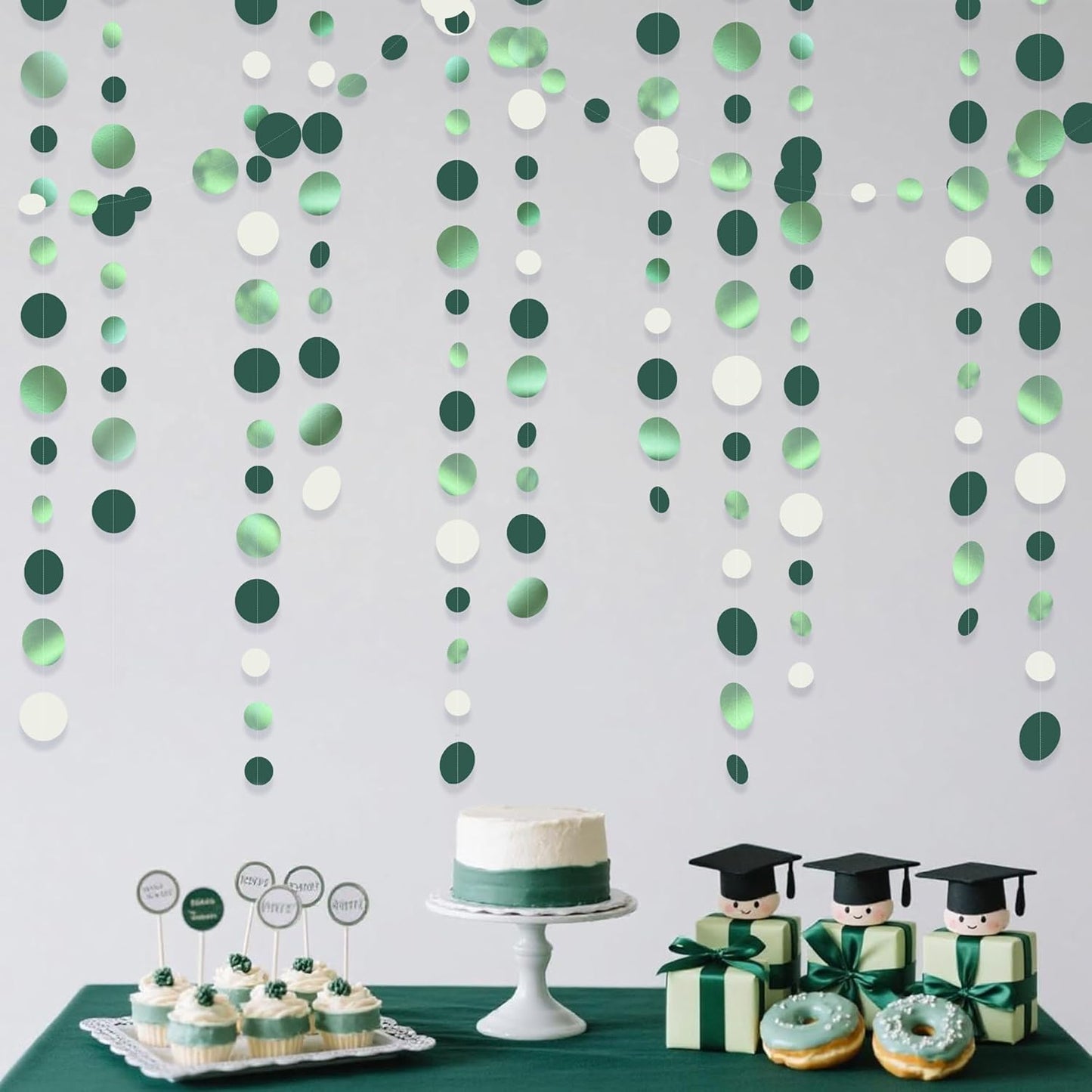 46 Ft Sage Green Party Decorations Metallic Sage Green White Polka Dots Garlands Hanging Paper Circle Dots Streamer for Birthday Baby Shower Engagement Graduation Wedding Party Decorations Supplies
