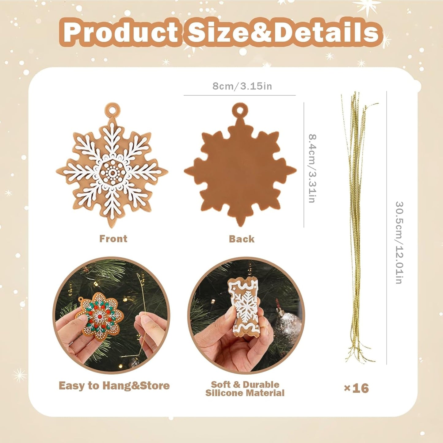 kockuu 12Pcs Christmas Gingerbread Snowflake Ornaments for Tree Rustic Brown Silicone Christmas Ginger Bread Hanging Ornaments Pendants for Xmas Tree Winter Crafts Holiday Home Party Decor Indoor