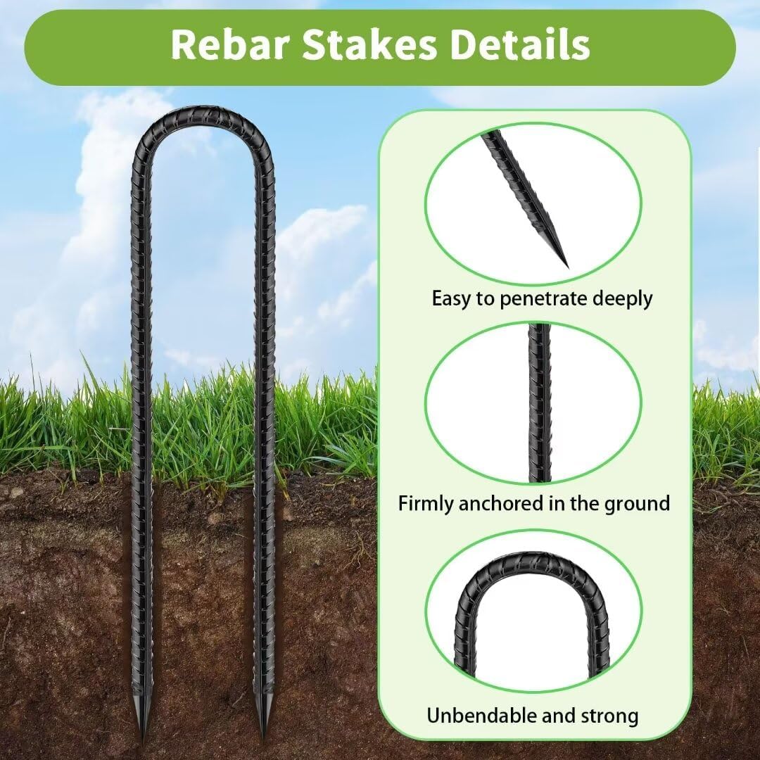 Rebar-Stakes-12-Inch, Ground Stakes Heavy Duty U-Hook Black Coated Anti-Rust Heavy Duty Ground Anchors for Garden Dog Fence Chicken Coop Christmas Decorations Deer Fence 4pcs