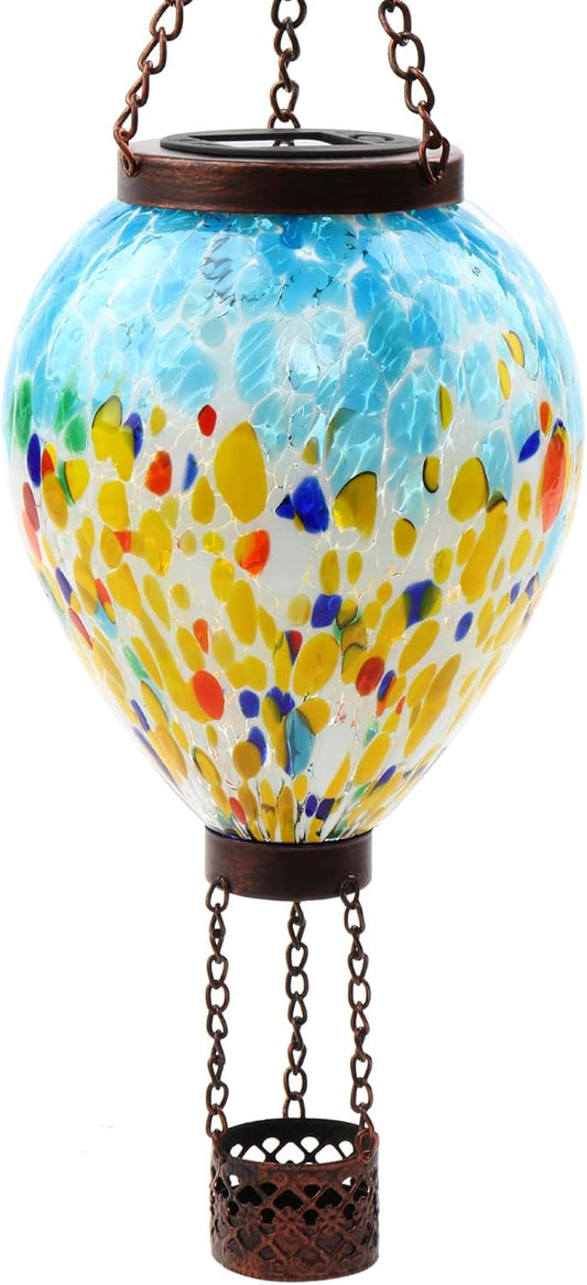 VOREEN Solar Hot Air Balloon Glass Lantern – Hand Blown Multicolor Glass Outdoor Hanging Light, IP44 Waterproof LED, Garden Patio Decoration Gift for Mom Wife Friend, Backyard Night Lighting Decor