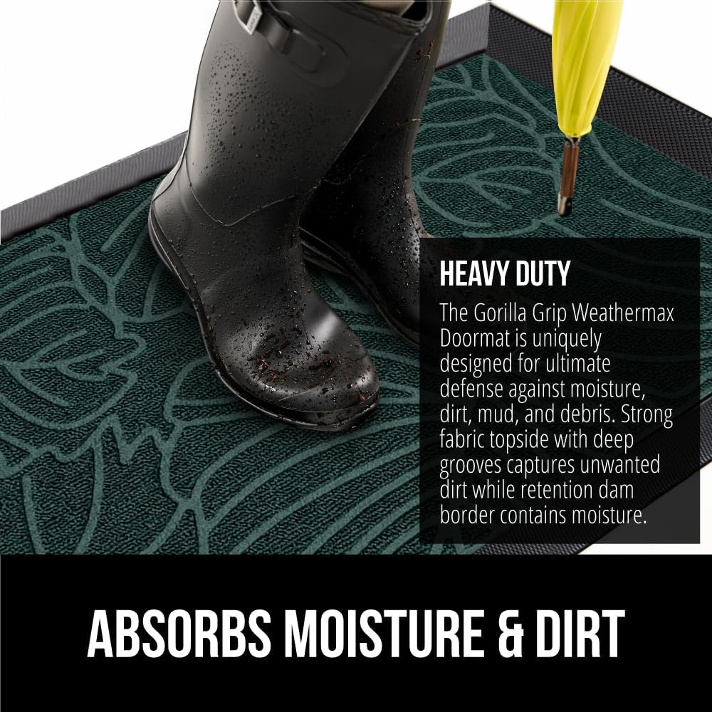 GORILLA GRIP 100% Waterproof All-Season WeatherMax Doormat US Designed Natural Rubber, Stain and Fade Resistant, Low Profile Indoor Outdoor Door Mats, Easy Clean Patio Mat, 17x29, Green Palm