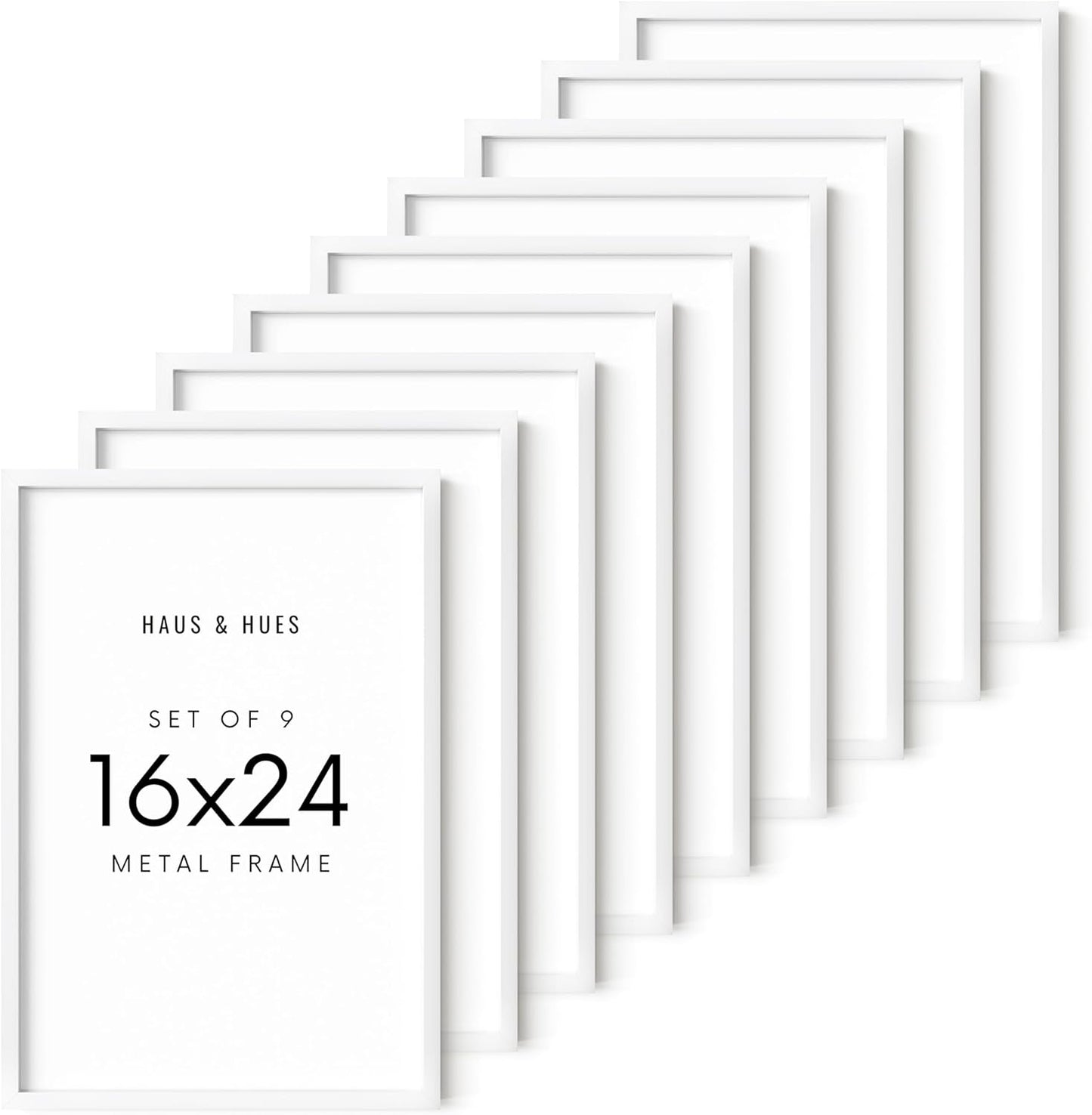HAUS AND HUES 16x24 White Metal Picture Frames - Features Premium Aluminum, Vertical & Horizontal Hang, Shatterproof Plexiglass - Ideal for Home, Room, Office (16x24 in, White, Set of 9)