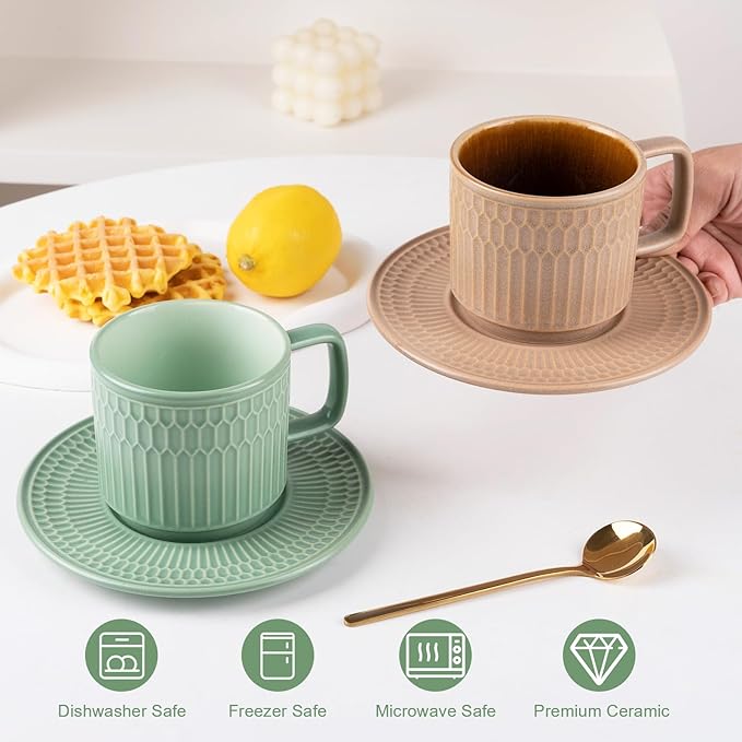 Large Cappuccino Cups with Saucers Set of 4, 8 Ounce Stackable Embossed Ceramic Coffee Mugs for Specialty Coffee Drinks, Latte, Cafe Mocha and Tea, Dishwasher & Microwave Safe (Mix)