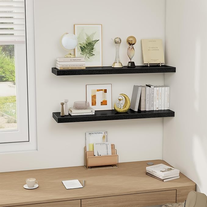 Fun Memories Black Floating Shelves 36 Inch Long, Rustic Farmhouse Bathroom Shelves Over Toliet, 36 x 8 Inch Floating Shelves for Wall, Deep Wall Shelf for Living Room, Kitchen, Bedroom, Set of 2