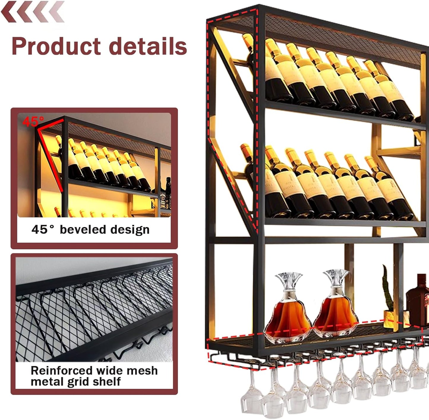 51Inch Wall Mounted Wine Rack, 3 Tiers Large Bar Shelves with 12 Glass Holder, Metal Wine Bottle Display Shelf, Modern Iron Liquor Shelf, for Kitchen Dining, Home Bar, Cellar (51.1" W)