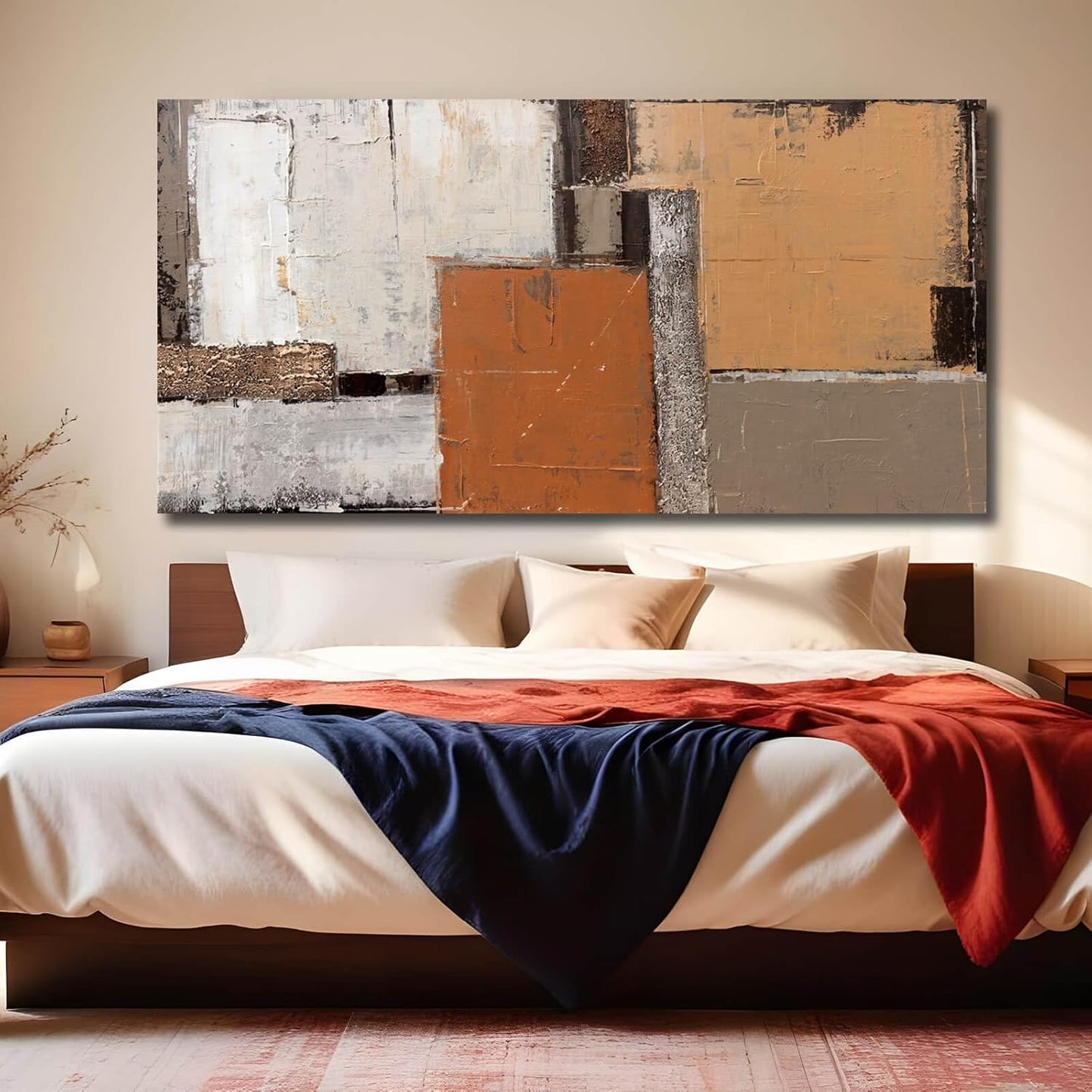 Orange Abstract Canvas Photo Prints Living Room White Artwork Brown Block Painting for Room 29"x 58" Office Wall Art Bedroom Hallway Decor